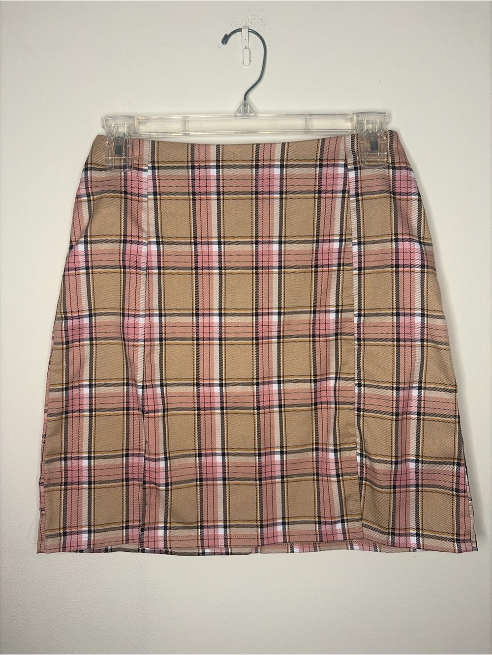 SHEIN Pink and Tan Plaid Mini Skirt